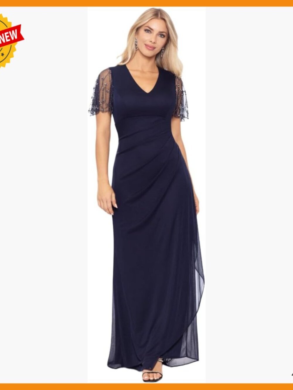 Petite Formal Gown with Beaded Sleeves, V-Neck, Draped Skirt